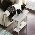 White Wood Narrow Side Table with Drawer and Shelf