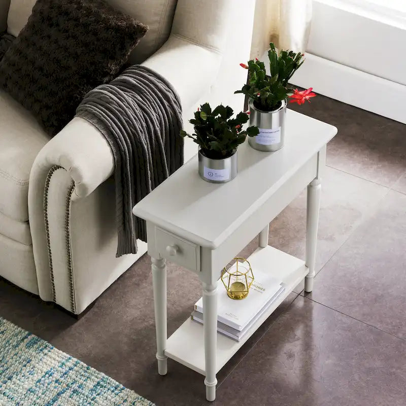 White Wood Narrow Side Table with Drawer and Shelf