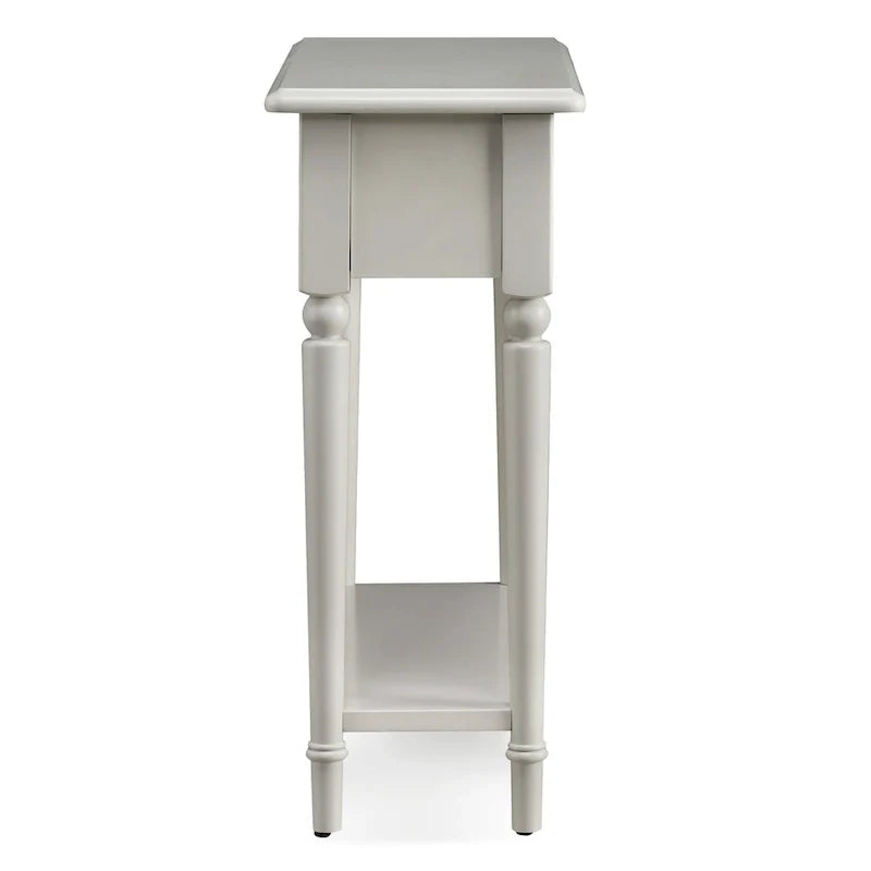 White Wood Narrow Side Table with Drawer and Shelf