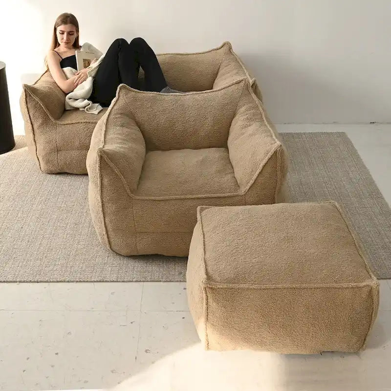 Khaki Teddy Boucle Bean Bag Chair – Single Seat