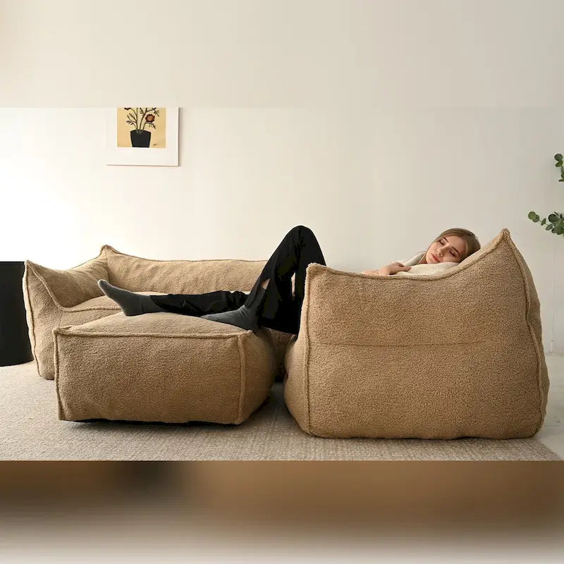 Khaki Teddy Boucle Bean Bag Chair – Single Seat