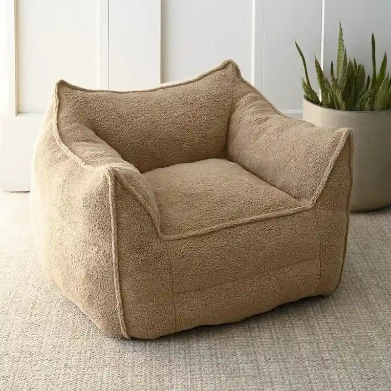 Khaki Teddy Boucle Bean Bag Chair – Single Seat