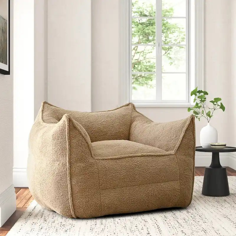 Khaki Teddy Boucle Bean Bag Chair – Single Seat