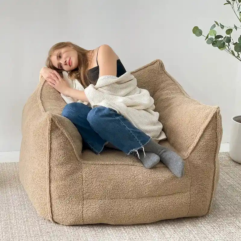 Khaki Teddy Boucle Bean Bag Chair – Single Seat
