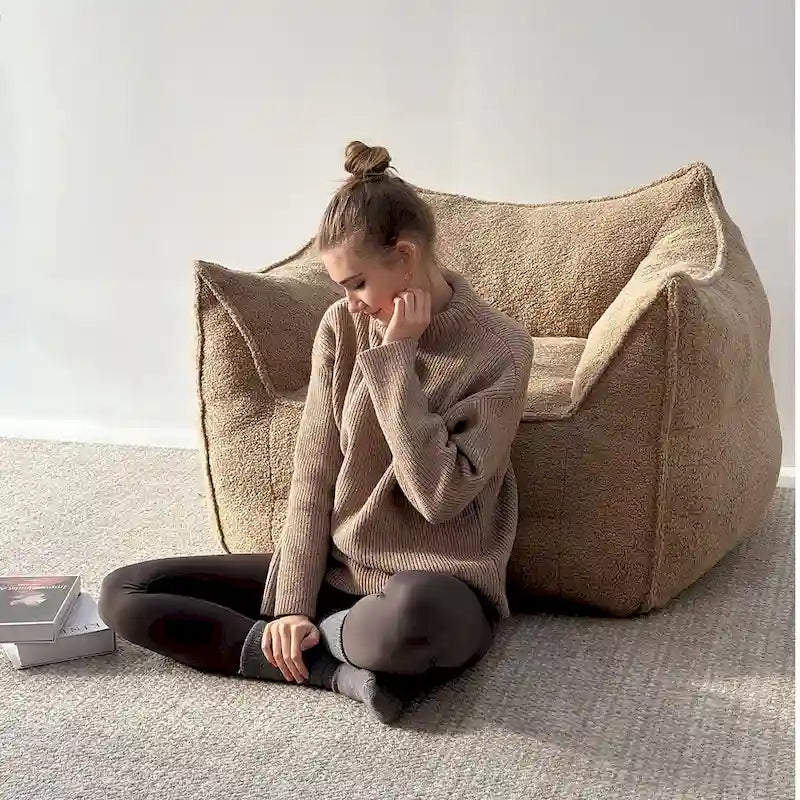Khaki Teddy Boucle Bean Bag Chair – Single Seat