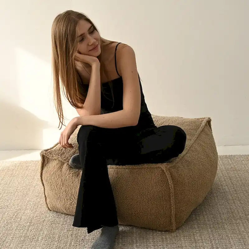 Khaki Teddy Boucle Bean Bag Chair – Single Seat