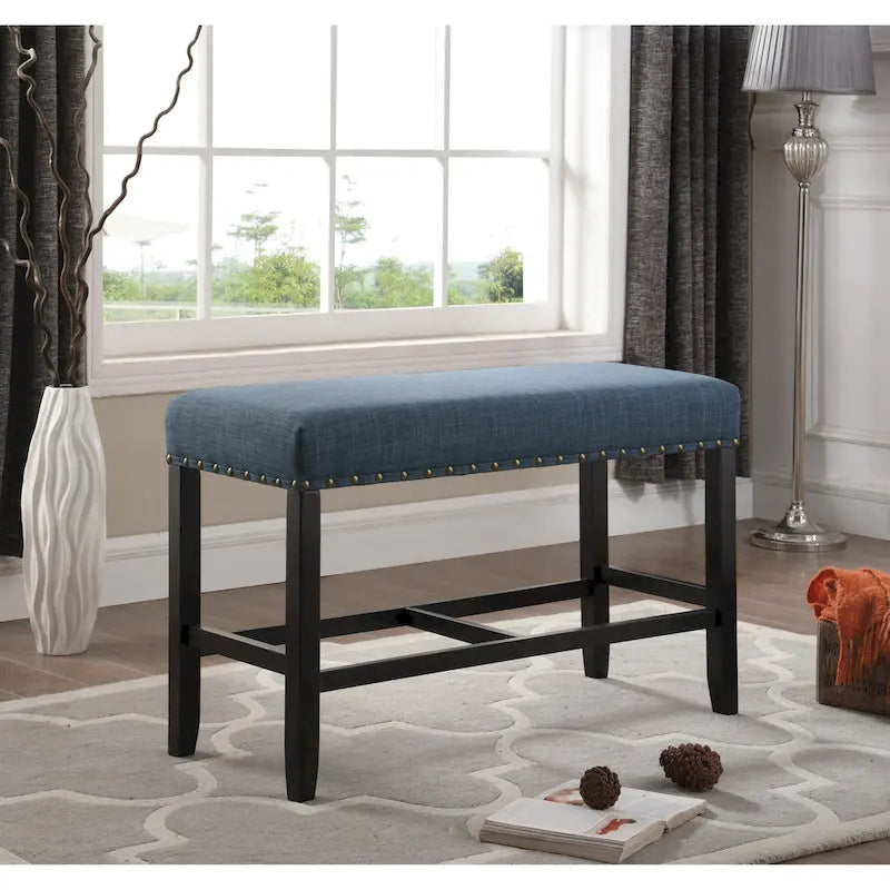 Roundhill Furniture Biony Blue Fabric Pub-Height 25.5 Dining Bench with Nailhead Trim