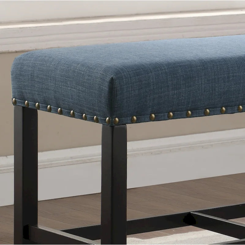 Blue Fabric Pub-Height Dining Bench with Nailhead Trim
