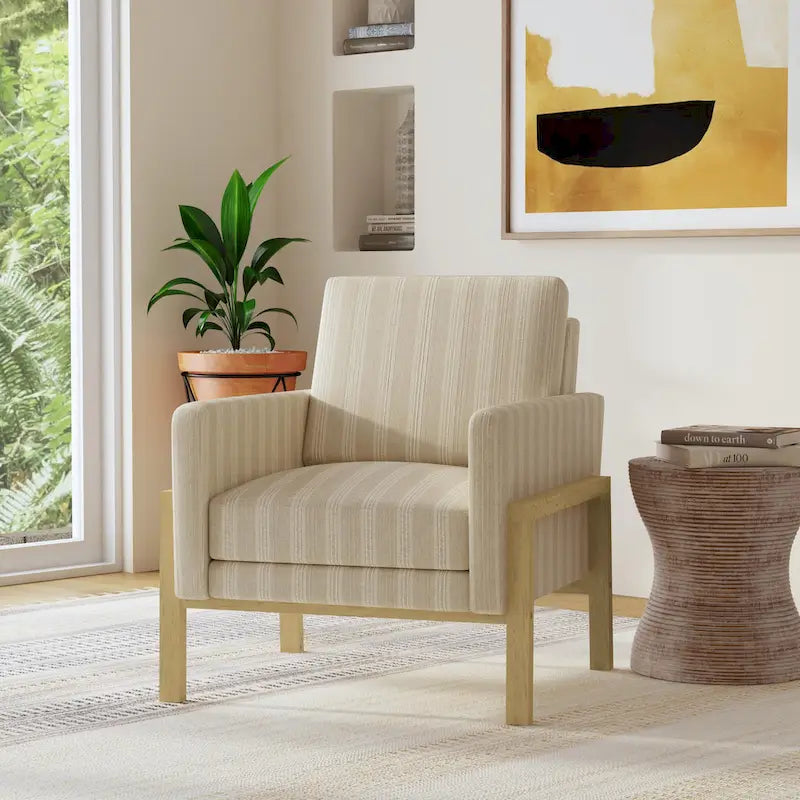Wood Frame Accent Chair - Cream Boucle - Single Seater