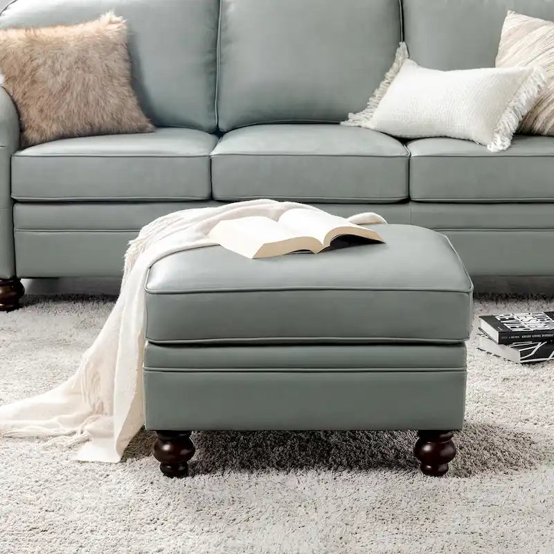 Brown Leather Ottoman with Solid Wood Legs