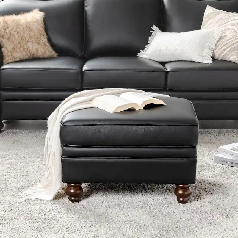 Brown Leather Ottoman with Solid Wood Legs