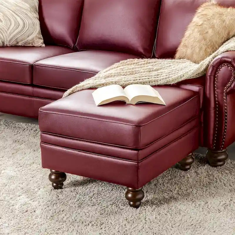 Brown Leather Ottoman with Solid Wood Legs
