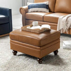 Brown Leather Ottoman with Solid Wood Legs