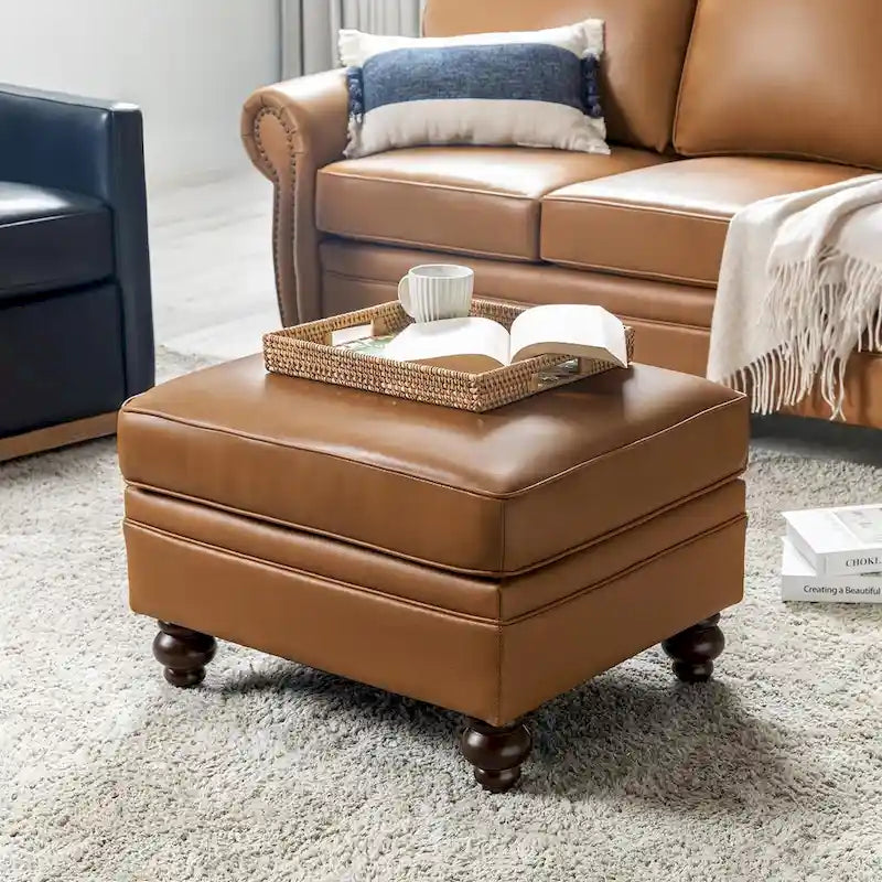 Brown Leather Ottoman with Solid Wood Legs
