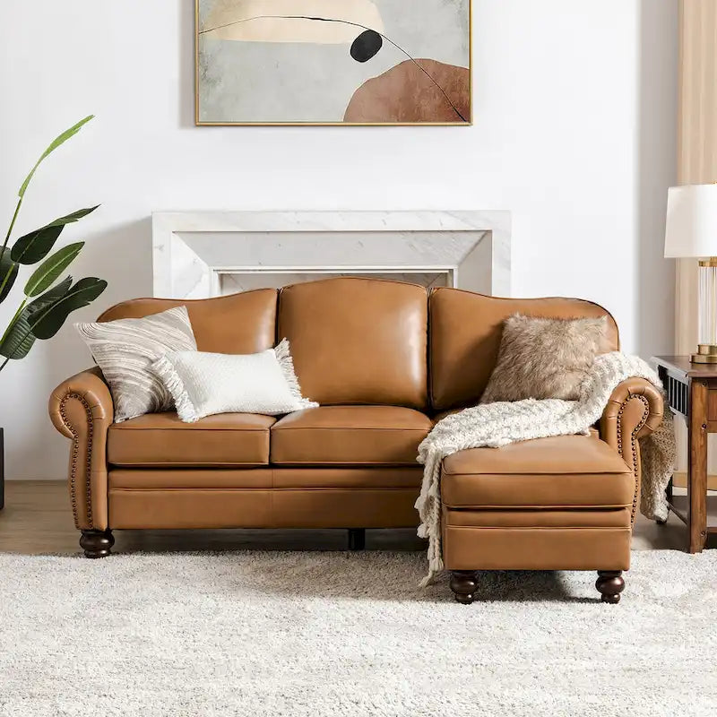 Brown Leather Ottoman with Solid Wood Legs