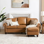 Brown Leather Ottoman with Solid Wood Legs
