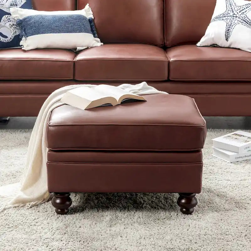 Brown Leather Ottoman with Solid Wood Legs