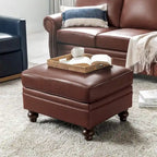 Brown Leather Ottoman with Solid Wood Legs