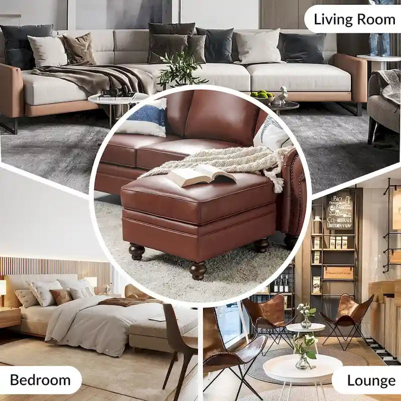 Brown Leather Ottoman with Solid Wood Legs