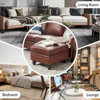 Brown Leather Ottoman with Solid Wood Legs