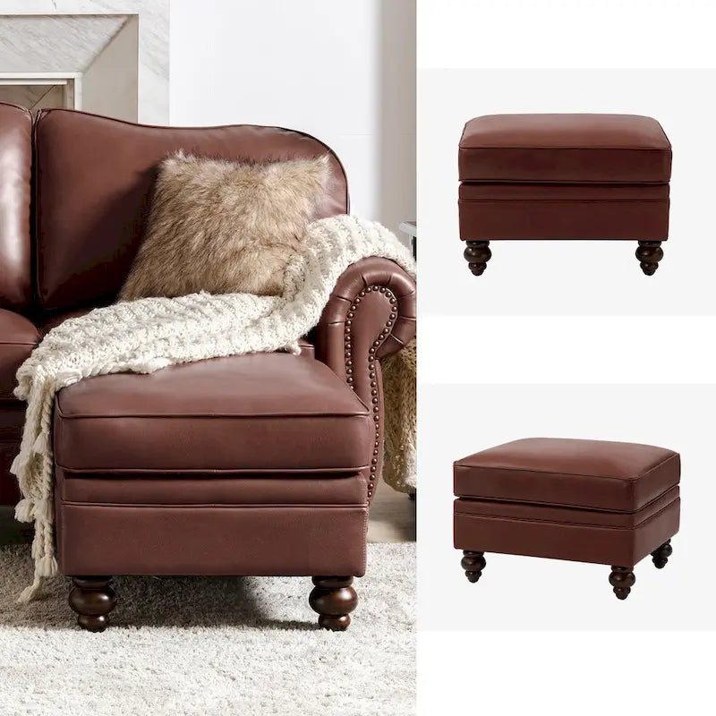 Brown Leather Ottoman with Solid Wood Legs