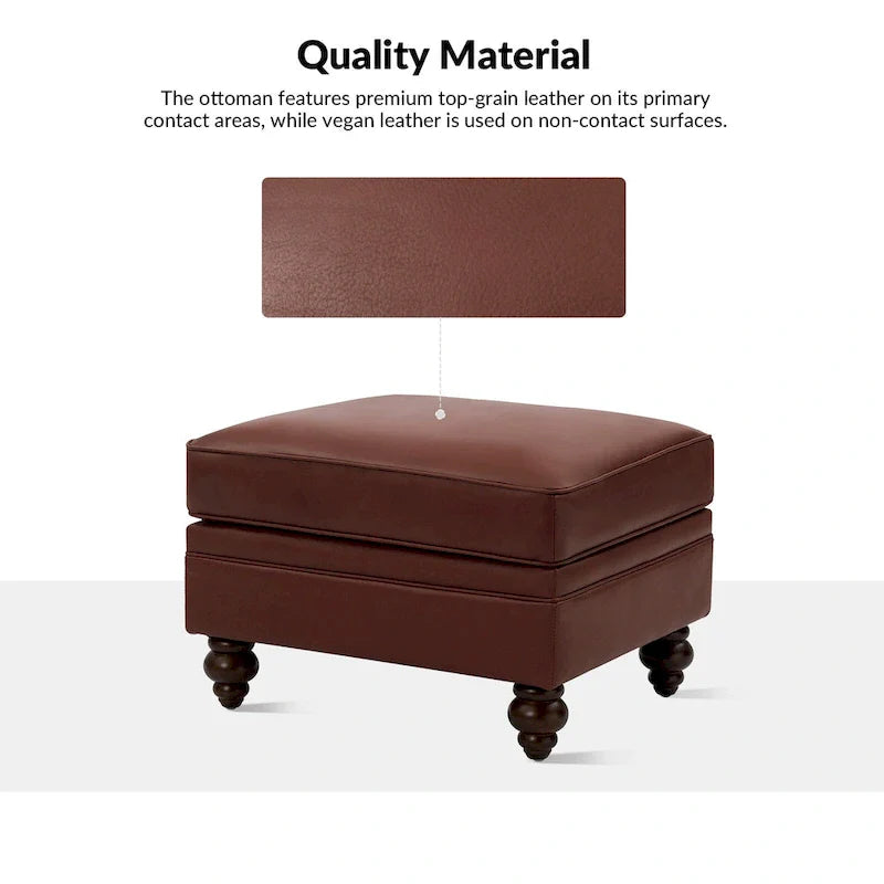 Brown Leather Ottoman with Solid Wood Legs