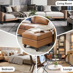 Brown Leather Ottoman with Solid Wood Legs