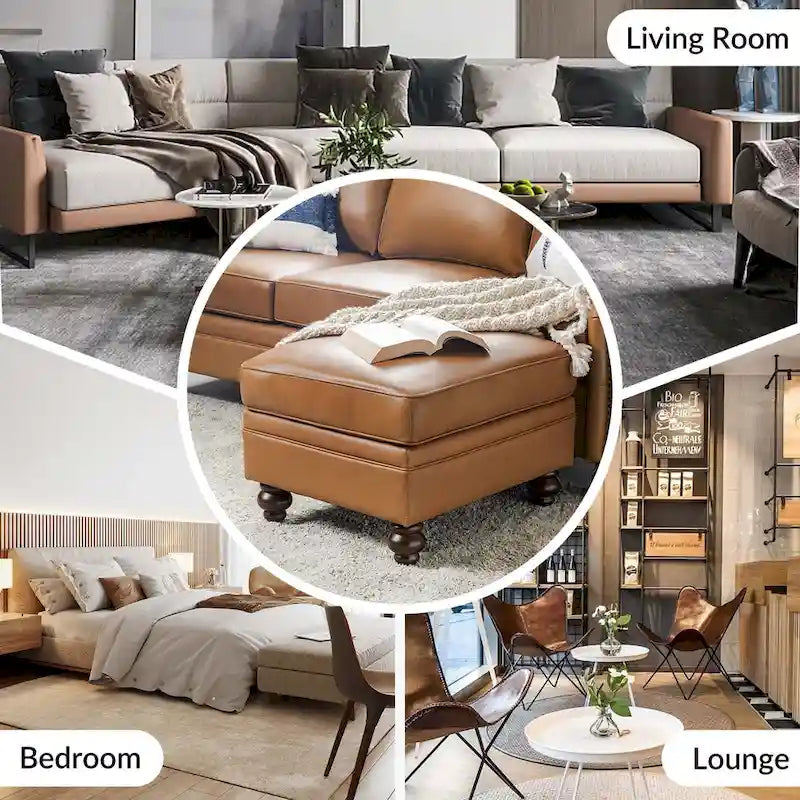 Brown Leather Ottoman with Solid Wood Legs