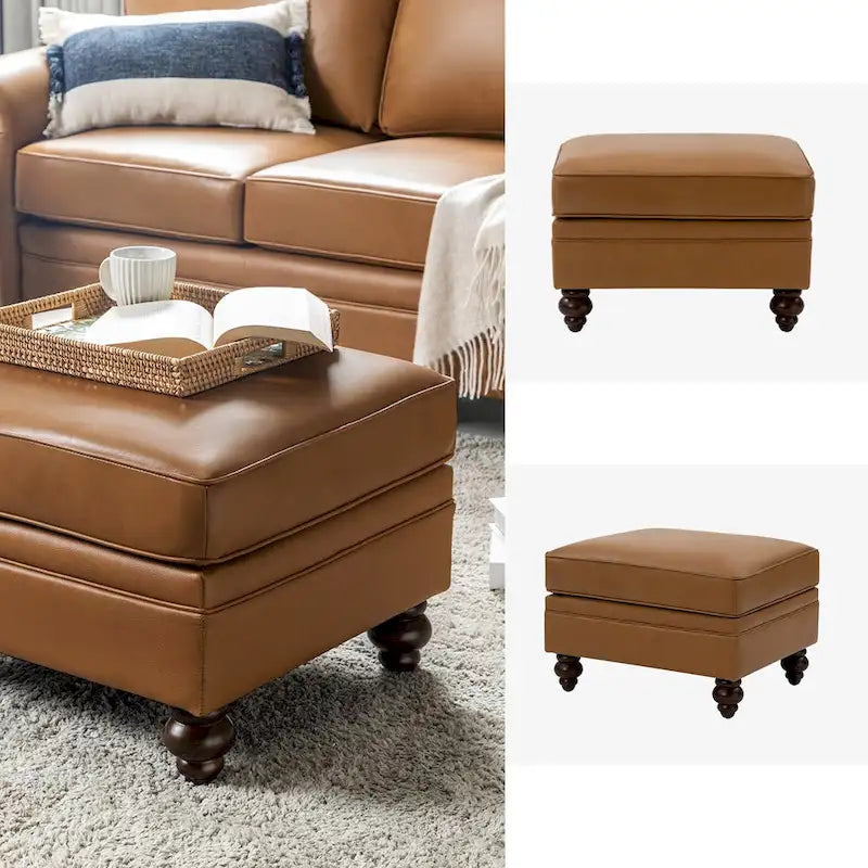 Brown Leather Ottoman with Solid Wood Legs