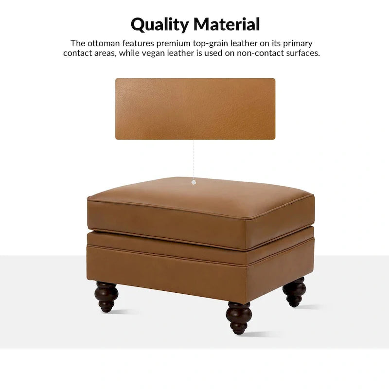 Brown Leather Ottoman with Solid Wood Legs