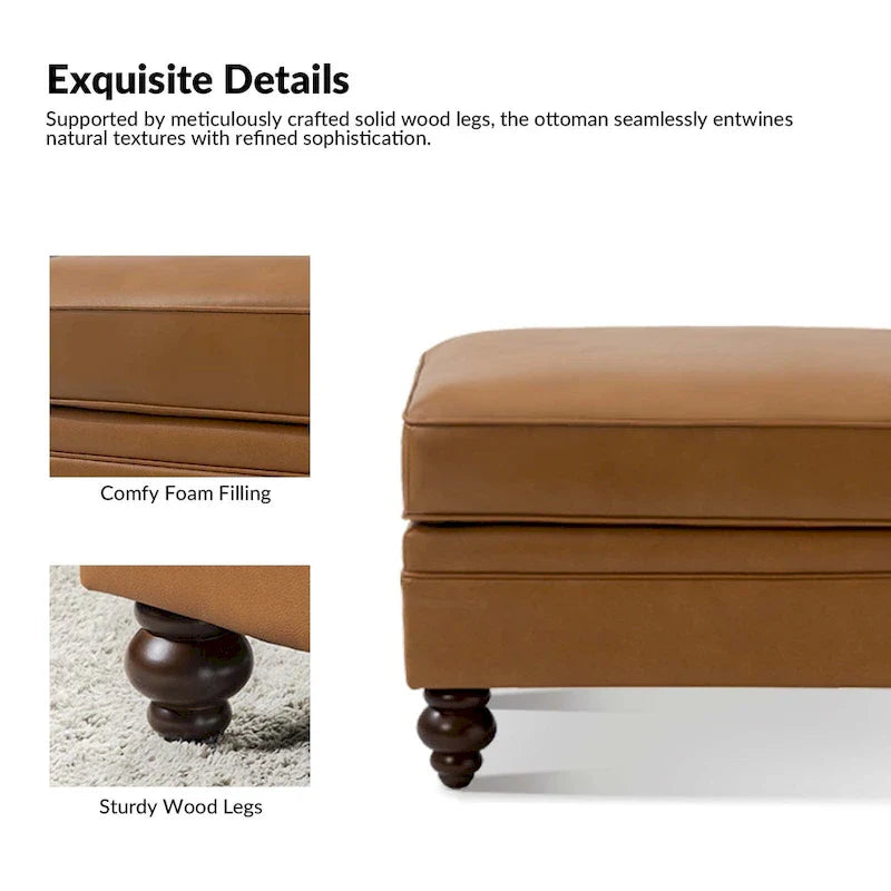 Brown Leather Ottoman with Solid Wood Legs