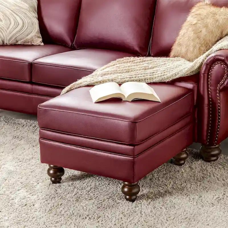 Brown Leather Ottoman with Solid Wood Legs
