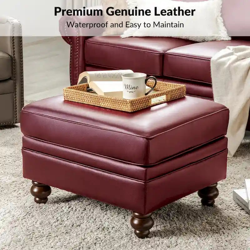 Brown Leather Ottoman with Solid Wood Legs
