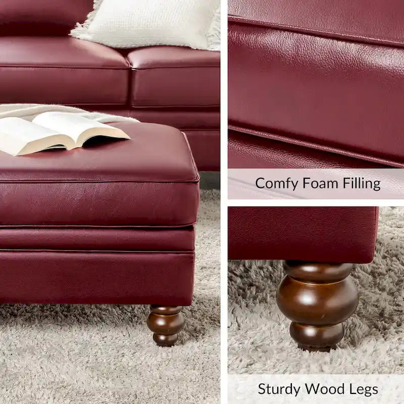 Brown Leather Ottoman with Solid Wood Legs