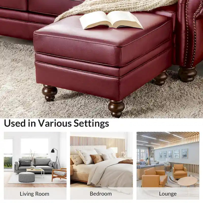 Brown Leather Ottoman with Solid Wood Legs