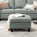 Brown Leather Ottoman with Solid Wood Legs