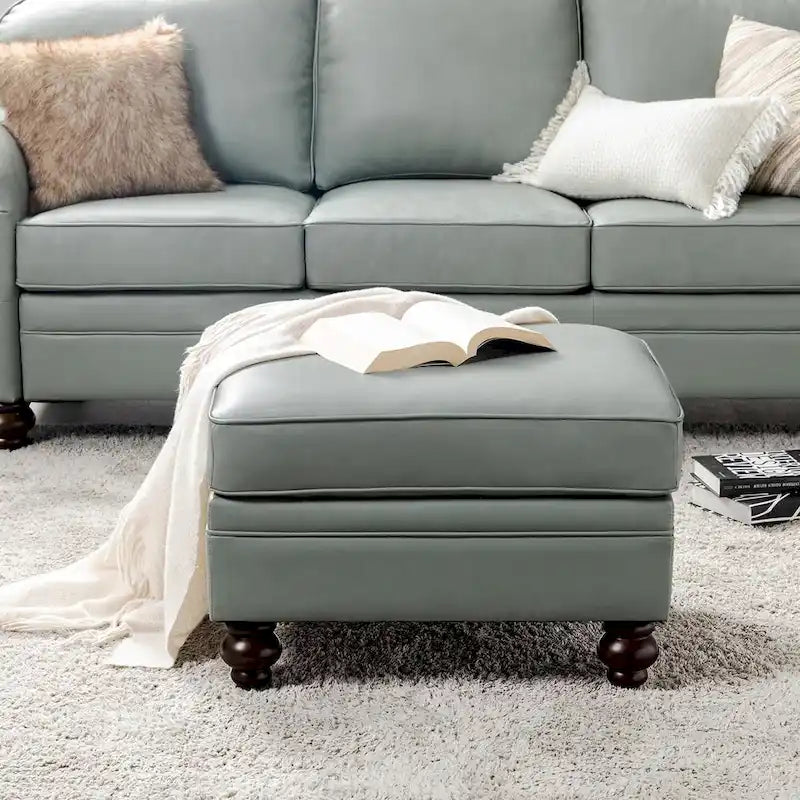 Brown Leather Ottoman with Solid Wood Legs