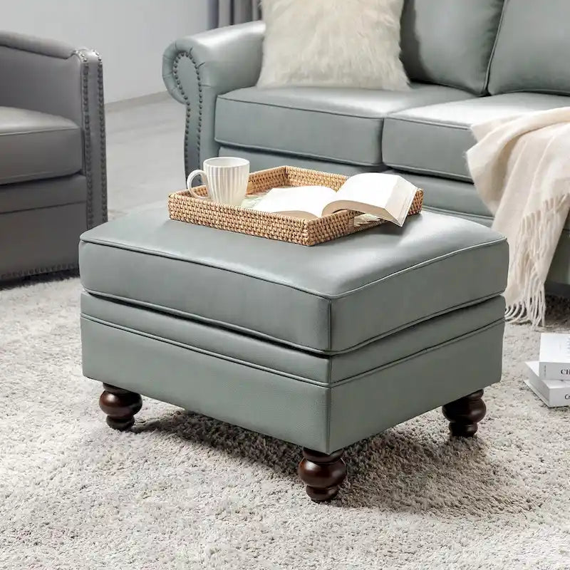 Brown Leather Ottoman with Solid Wood Legs