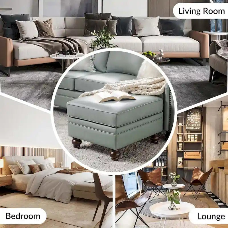 Brown Leather Ottoman with Solid Wood Legs