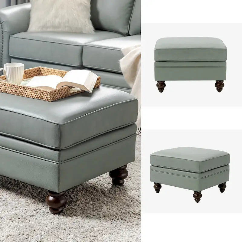 Brown Leather Ottoman with Solid Wood Legs