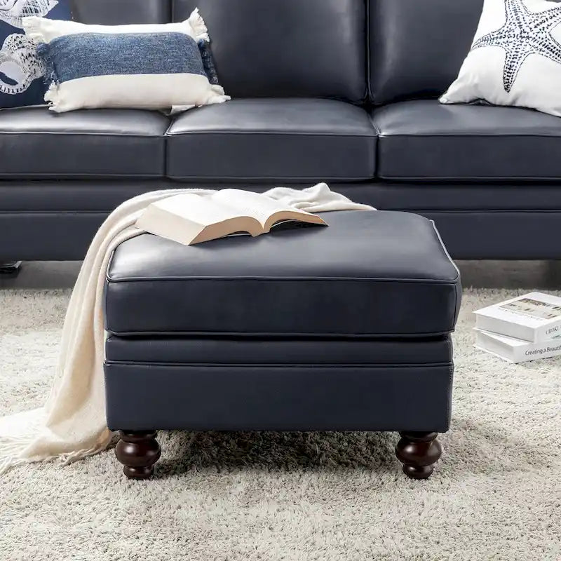 Brown Leather Ottoman with Solid Wood Legs