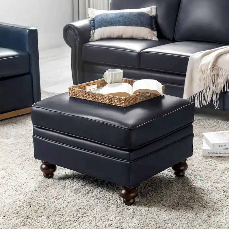 Brown Leather Ottoman with Solid Wood Legs