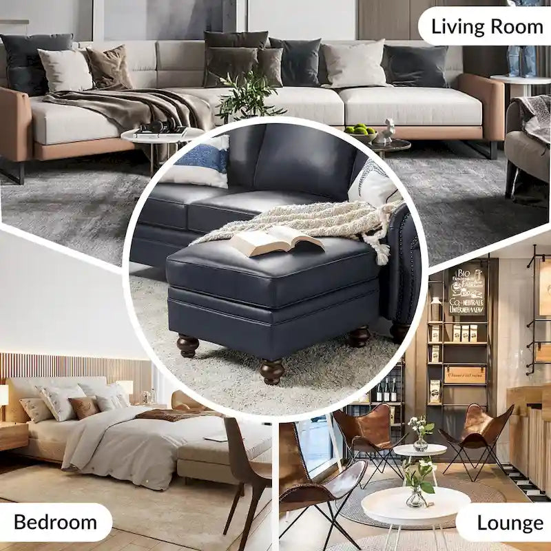 Brown Leather Ottoman with Solid Wood Legs