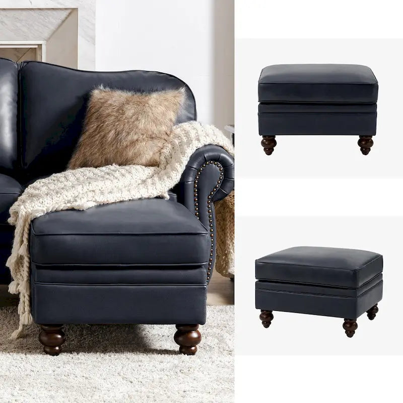 Brown Leather Ottoman with Solid Wood Legs