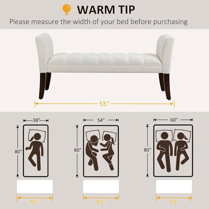 Beige Button-Tufted Upholstered Bench with Arms - 55