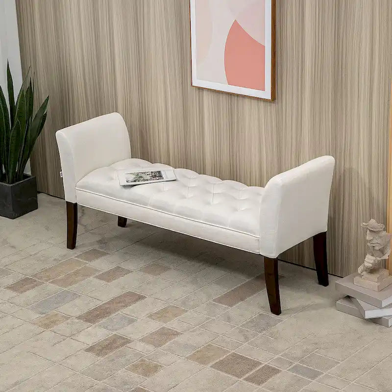 Beige Button-Tufted Upholstered Bench with Arms - 55