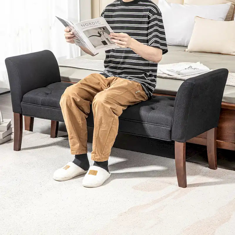 Beige Button-Tufted Upholstered Bench with Arms - 55