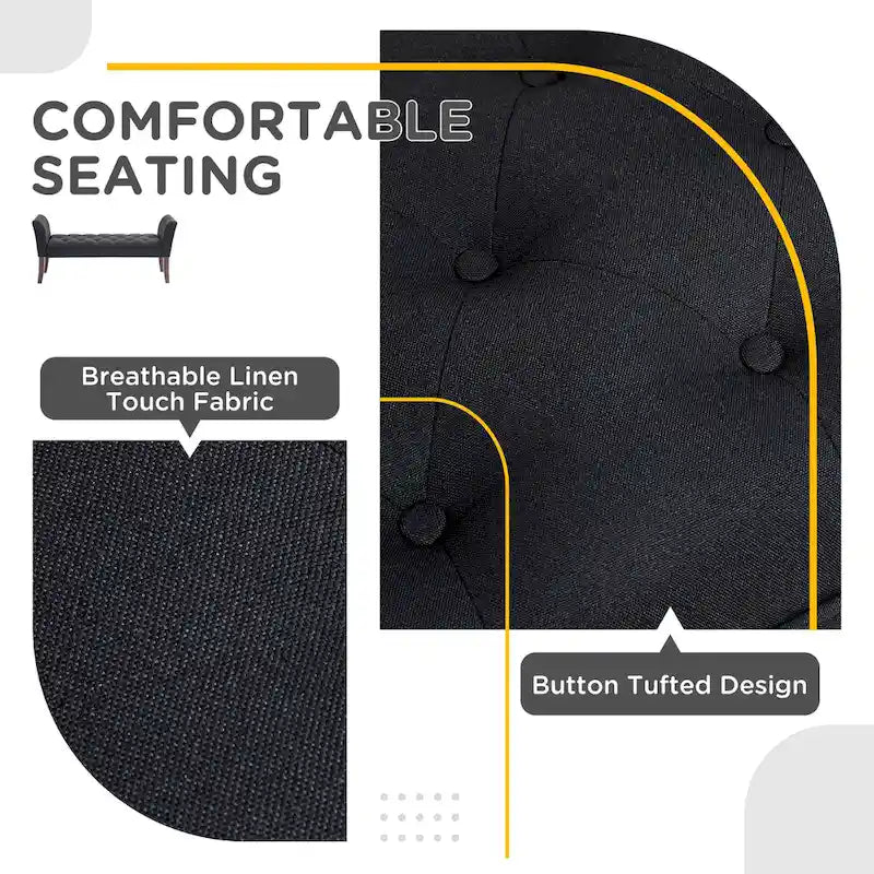 Beige Button-Tufted Upholstered Bench with Arms - 55