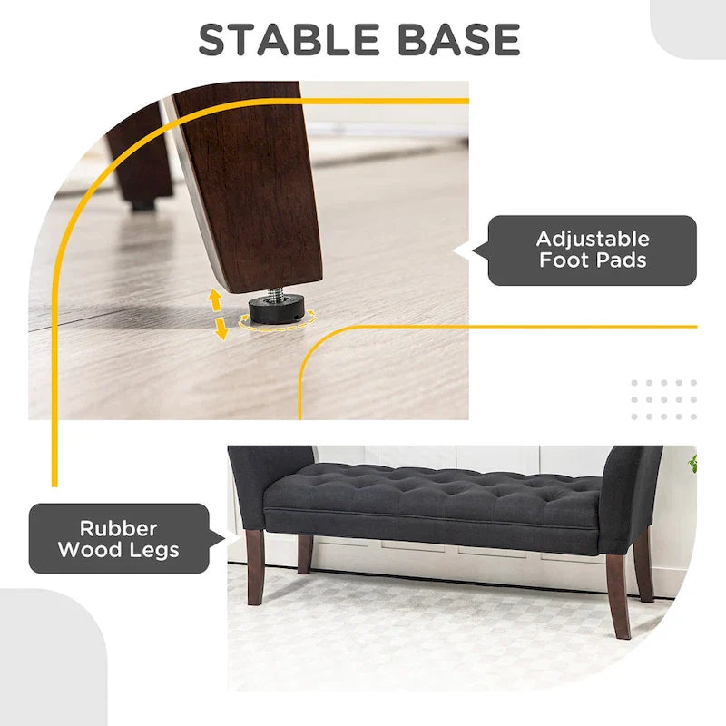 Beige Button-Tufted Upholstered Bench with Arms - 55