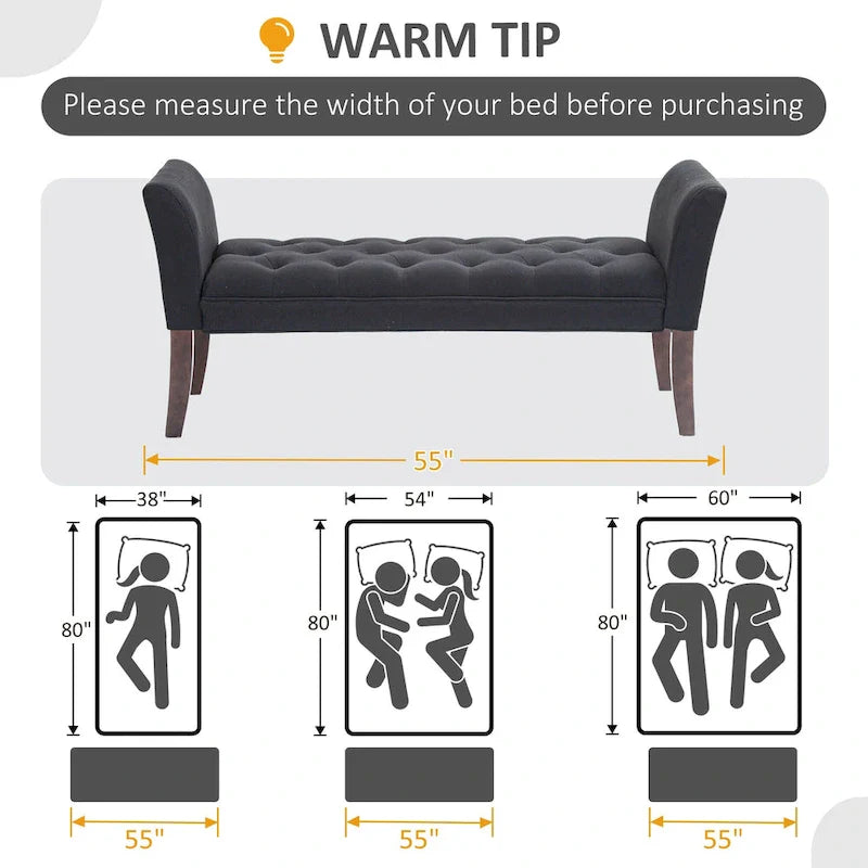 Beige Button-Tufted Upholstered Bench with Arms - 55